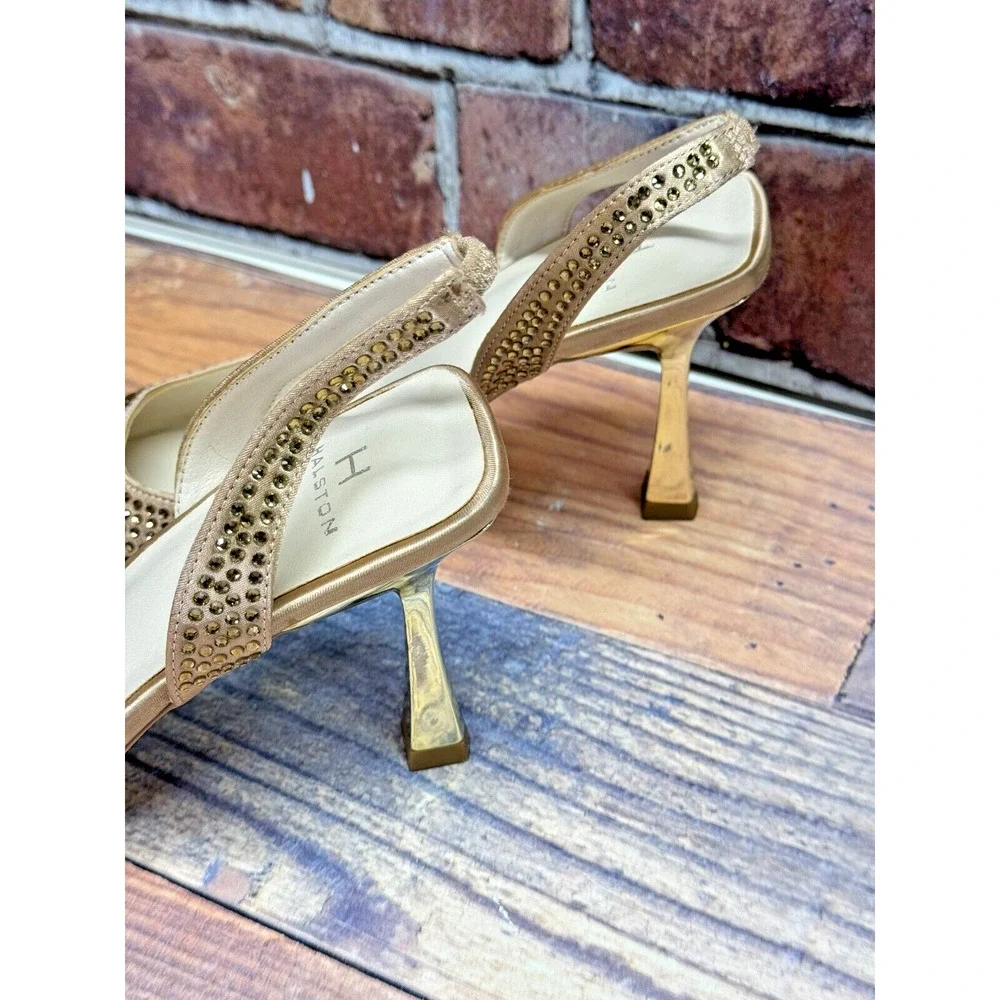 Halston Women's Hawaii Embellished Slingback Pointed Toe Heels Gold Rhinestone 8